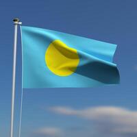 Palau Flag is waving in front of a blue sky with blurred clouds in the background photo