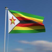 Zimbabue bandera es ondulación en frente de un azul cielo con borroso nubes en el antecedentes foto