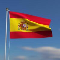 España bandera es ondulación en frente de un azul cielo con borroso nubes en el antecedentes foto