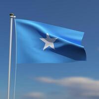 Somalia Flag is waving in front of a blue sky with blurred clouds in the background photo