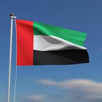 unido árabe emiratos bandera es ondulación en frente de un azul cielo con borroso nubes en el antecedentes foto