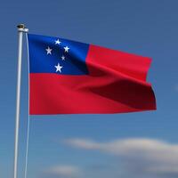 Samoa Flag is waving in front of a blue sky with blurred clouds in the background photo