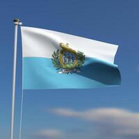 San Marino Flag is waving in front of a blue sky with blurred clouds in the background photo