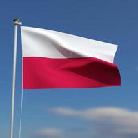 Poland Flag is waving in front of a blue sky with blurred clouds in the background photo