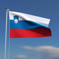Slovenia Flag is waving in front of a blue sky with blurred clouds in the background photo