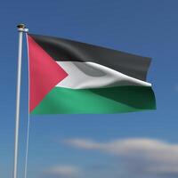 Palestinian Flag is waving in front of a blue sky with blurred clouds in the background photo
