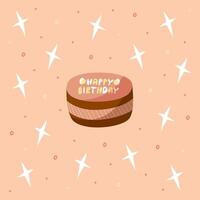 mano dibujar tarjeta postal con chocolate pasteles, frase contento cumpleaños y estrellas. rosado y marrón colores. tarjeta para cumpleaños, fiesta, celebracion y vacaciones. ilustración en plano estilo. vector
