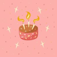 Hand draw postcard with cakes, candles and stars. Pink, brown and yellow colors. Card for birthday, party, celebration and holidays. illustration in flat style. vector