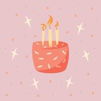 mano dibujar tarjeta postal con garabatear pasteles, velas y estrellas. rosado y amarillo colores. tarjeta para cumpleaños, fiesta, celebracion y vacaciones. ilustración en plano estilo.rosa antecedentes. vector