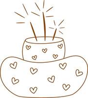 Hand draw sweet birthday cake with sparklers and hearts isolated on white background. Cute illustration. Line art and Doodle style.Coloring book. Cake icon. Celebration, party. vector