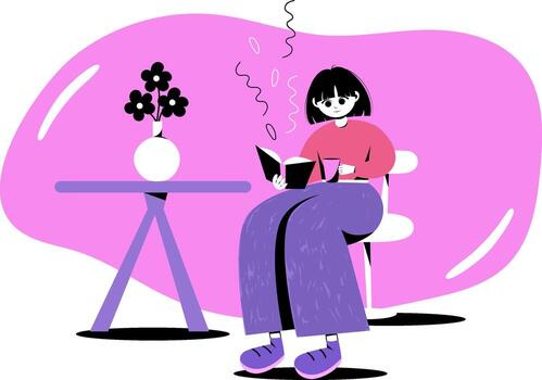 ilustración de niña leyendo libro con taza de café a mesa. sentado niña en mano dibujar plano estilo. mesa con flores en un florero.rosa, negro y púrpura colores. vector