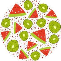 Summer round circle postcard for print, social media, banner. Hand draw watermelon and kiwi slice isolated on white. illustration in doodle flat style. Red and green fruit with kawaii eyes. vector