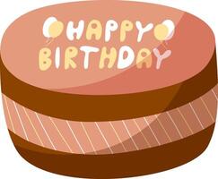 Hand draw sweet chocolate cake with lettering happy birthday isolated on white background. Cute illustration. Pink and brown colors.Doodle style. Cake icon. Celebration, party. vector