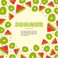 Summer border for print, social media, banners. Hand draw watermelon and kiwi slice on yellow background. illustration in doodle flat style. Red watermelon and green kiwi with kawaii eyes. vector