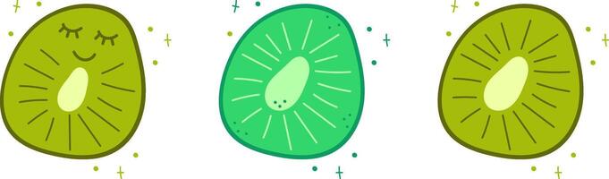 conjunto de kiwi rebanada aislado en blanco. ilustración en garabatear estilo. linda plano estilo. verde kiwi con kawaii ojos.divertidos mano dibujar Fruta pedazo. vector