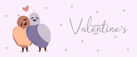 Hand draw banner with two bird and hearts for Valentine's day. Happy Valentine's day and button read more. Peach fuzz, red, purple brow and pink colors.Cartoon style. Web illustration vector