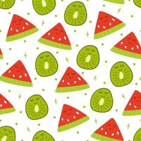 Seamless pattern of hand draw kiwi fruit and watermelon with kawaii eyes on white background.Summer green fruit backdrop. illustration in flat doodle style. Cute simple design. vector