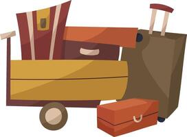 Hand draw trolley with suitcases, bags for travelling. Travel bags in retro style isolated on white. Hand luggage with handle. illustration. Brown, yellow,colors.Train, plane, bus travelling. vector