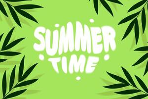 Summer banner with tropical leaves and lettering summer time on light green background. illustration in flat style. Jungle frame. vector