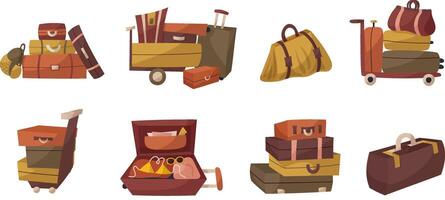 Hand draw four suitcases and backpack for travelling. Travel bags in flat style isolated on white. Hand luggage with handle. illustration.Retro style. Train, plane, bus travelling. vector