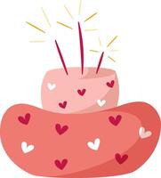 Hand draw sweet birthday cake with sparklers and hearts isolated on white background. Cute illustration. Pink and red colors.Doodle style. Cake icon. Celebration, party. vector