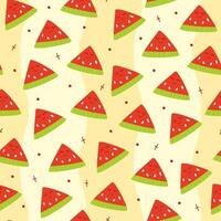 Seamless pattern of hand draw watermelon fruit with kawaii eyes on yellow background.Summer green,red, pink fruit backdrop. illustration in flat doodle style. Cute simple design. vector