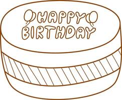 Hand draw sweet chocolate cake with lettering happy birthday isolated on white background. Cute illustration. Line art and Doodle style. Cake icon. Celebration, party.Coloring book. vector