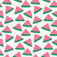 Seamless pattern of hand draw watermelon fruit with kawaii eyes on white background.Summer green,red, pink fruit backdrop. illustration in flat doodle style. Cute simple design. vector