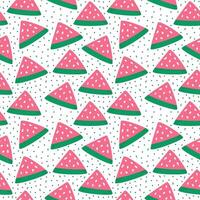 Seamless pattern of hand draw watermelon fruit with kawaii eyes on white background.Summer green,red, pink fruit backdrop. illustration in flat doodle style. Cute simple design. vector