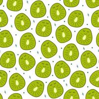 Seamless pattern of hand draw kiwi fruit with kawaii eyes on white background.Summer green fruit backdrop. illustration in flat doodle style. Cute simple design. vector