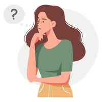 Flat illustration. Woman stands in a pensive pose and thinks over the question vector