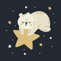 Flat illustration in a simple children's style. Cute white bear flying in the night sky and holding on to a star. Night sky and stars vector