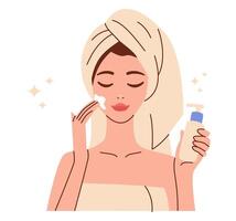 Flat illustration. Nice woman after shower, in towel, can cream on face. Concept of self-care and self-love vector