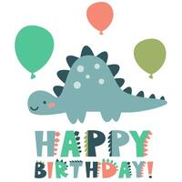 Cute children's illustration. Birthday inscription in the style of dinosaurs. Cute raptor holding a balloon. vector