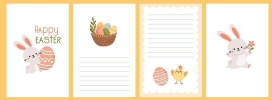 A set of postcard templates for Easter Day. Cute bunnies with Easter eggs, cordite with eggs and chicken, happy Easter inscription. Place for your text vector