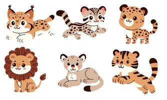 Set of flat illustrations in children's style. Cute wild cats lion, tiger, leopard, puma, ocelot, lynx. vector