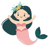 ilustración en blanco antecedentes. linda sirena en ingenuo infantil estilo vector