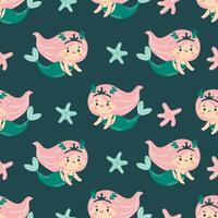 Seamless pattern in children's style. Cute mermaid and starfish on dark background vector