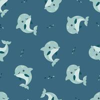 Seamless pattern on white background. Cute blue dolphins and water bubbles vector