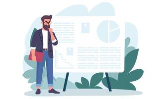 Flat illustration. Man standing next to banner and thinking, question mark. Concept of problem solving. vector