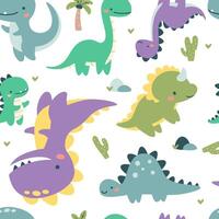 Seamless pattern. Cute dinosaurs in bright colors. Illustrations in a simple children's style. White background vector