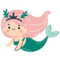 Cute mermaid swimming on white background. Flat illustration in simple child style vector