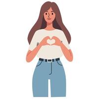 plano ilustración. linda mujer en pie y demostración corazón con dos manos vector