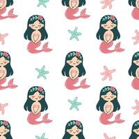 Seamless pattern in children's style. Cute mermaid and starfish on white background vector