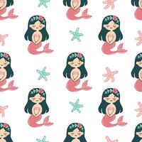 Seamless pattern in children's style. Cute mermaid and starfish on white background vector