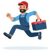 Flat illustration. Plumber running and rushing to order, quick help for breakdowns vector