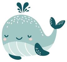 Flat illustration in children's style. Cute whale with smiling face on white background vector