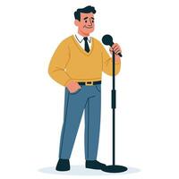 Flat illustration. a man in age stands and says something into a microphone, a speaker, a coach vector