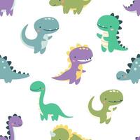 Seamless pattern. Cute dinosaurs in bright colors. Illustrations in a simple children's style. White background vector