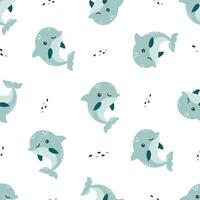 Seamless pattern on white background. Cute blue dolphins and water bubbles vector